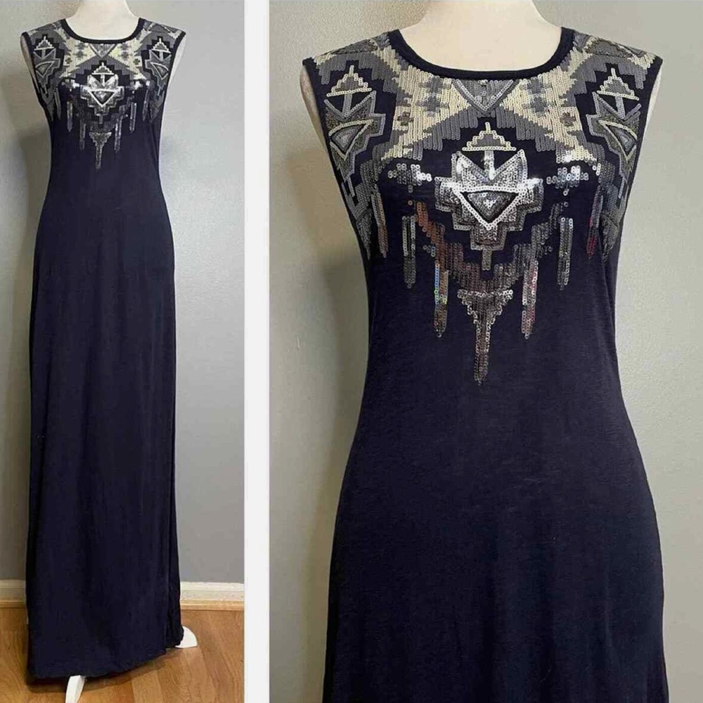 Express Sleeveless Tribal Sequin Navy Blue Maxi Dress | XS | Modal Cotton Blend